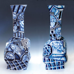 Kurt Weiser, "Pair of Cubist Vases (2)" 2013, porcelain, cobalt pigment, glaze, 23.5 x 12 x 10".