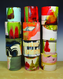 Lauren Mabry, "Composition of Enclosed Cylinders" 2013, red earthenware, slips, glaze, 20 x l7 x 6".