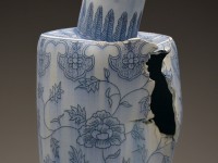 Steven Young Lee, "Vase with Peonies" 2014, porcelain, cobalt inlay, 26 x 11 x 10".