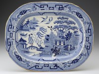 Paul Scott, "Cumbrian Blue(s) - A Willow for Ai Weiwei, Wen Tao, Liu Zhenggang, Zhang Jinsong, Hu Mingfen" 2012, in-glaze decals on partially erased Willow Pattern platter (c.1840), 13.75 x 17".
