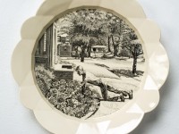 Andrew Raftery, "May: Cultivating Lettuce" 2014, engraving transfer printed on glazed white earthenware, 14"."