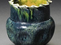 George Ohr, "Green & Indigo Large Dimpled Vase with Ruffled Rim, 5 x 5 x 5".