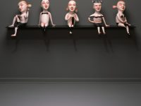Patty Warashina, "Scrutiny" 2011, glaze, clay, mixed media, 82.5 x 18.5 x 24".