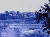 Paul Scott, "Scott's Cumbrian Blue(s), American Scenery, Hudson River, Indian Point No. 2A" 2013–4, decal on Portmeirion platter, 13.5 x 9.25 x 1".