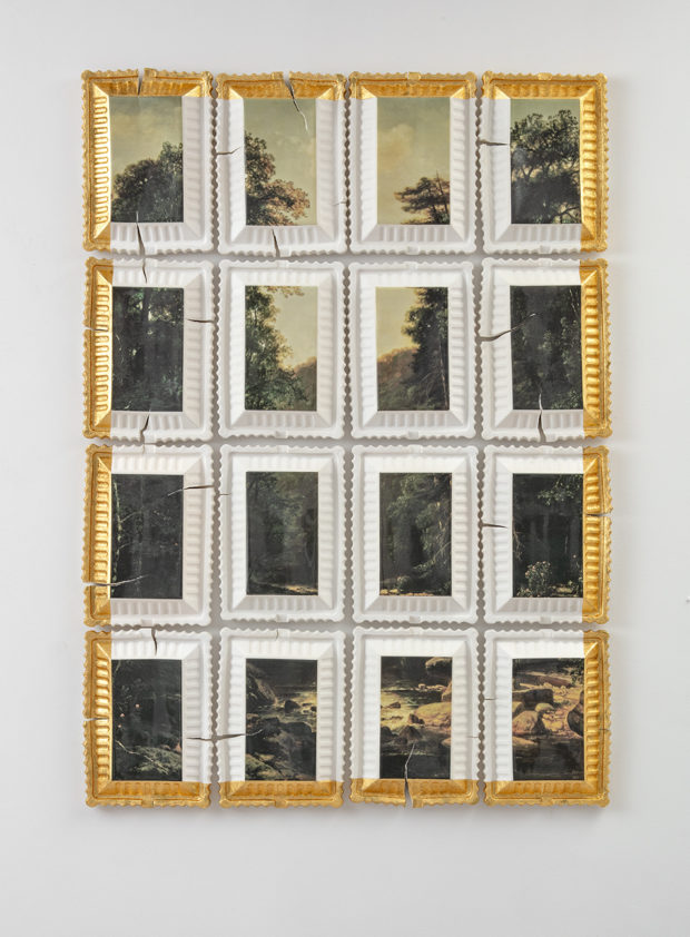Evan Hauser, "Preservation and Use #3 (Landscape with River, George Hetzel, 1880)", 2018, porcelain, gold leaf, 62 x 42 x 2.5"