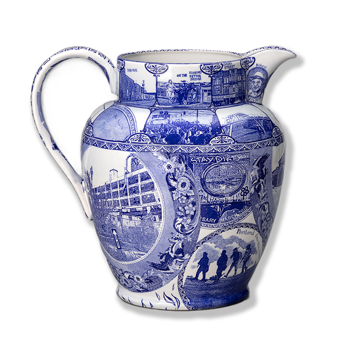 Paul Scott, "Cumbrian Blue(s), New American Scenery, Sampler Jug, No. 7 (After Stubbs)", 2021, transfer print collage on pearlware jug, 15 x 14 x 11.75". transfer print collage on pearlware jug designed by Paul Scott and Ed Bentley. Model made by Ed Bentley, fabricated by "Ceramics by Design", Longton, Stoke on Trent, England The inside, ‘Cumbrian Blue(s), New American Scenery, Sampler Jug No:7, (After Stubbs)'. Decal collage on pearlware jug, 390mm x 350mm x 50mm. Paul Scott 2021 transferware; blue & white; pearlware; Cumbrian Blue(s); sampler; Stubbs; Black Lives Matter Protests; Police riot; New American Scenery; collage; decal; pearlware; Paul Scott; Joseph Stubbs; Detroit Ghost gardens; Angola 3: Pipelines and Peltier; Standing Rock; Belle Island; Cape Coast Castle; Portland; Selma; Uranium